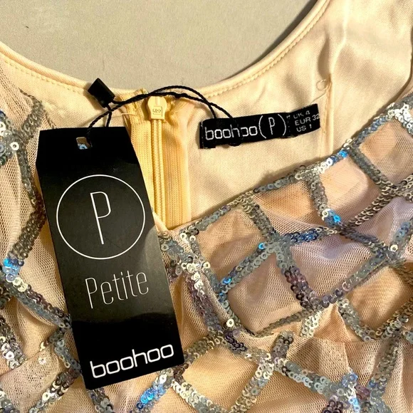 Boohoo Midi V Cut Neckline Thigh Split Sequin Cream Dress Women Petite Zero - Picture 10 of 14